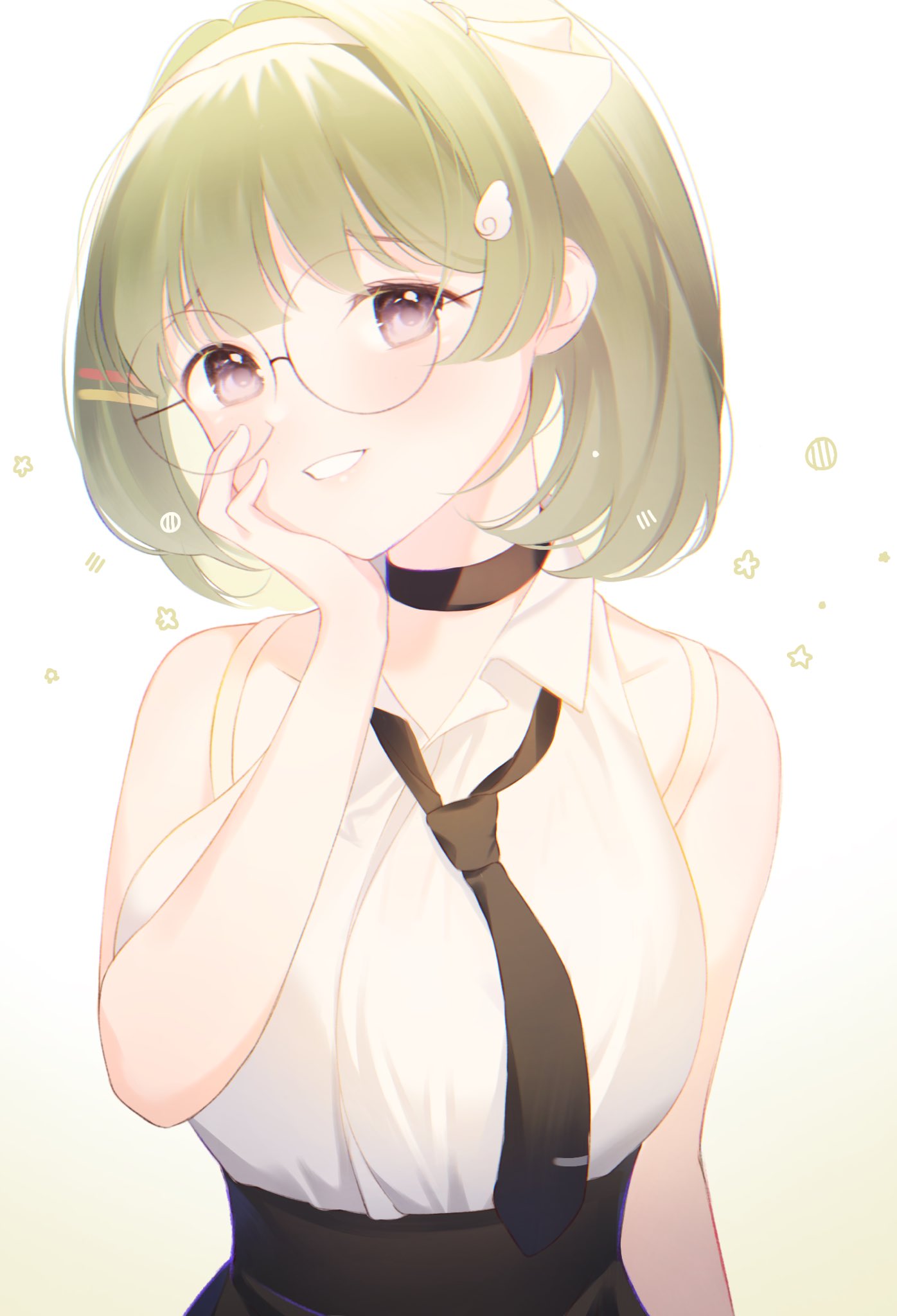 1girl, anonzi, black-framed_eyewear, black_choker, black_eyes, black_necktie, blunt_bangs, breasts, choker, collared_shirt, commentary_request, english_commentary, erinamochi, glasses, glowing, gradient_background, green_hair, hair_ornament, hairband, hairclip, hand_on_own_face, highres, indie_virtual_youtuber, looking_at_viewer, mixed-language_commentary, necktie, portrait, second-party_source, shirt, short_hair, sleeveless, sleeveless_shirt, smile, solo, virtual_youtuber, white_hairband, white_shirt, wing_collar