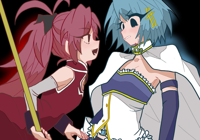 2girls, absurdres, bare_shoulders, black_background, black_ribbon, blue_hair, cape, detached_sleeves
