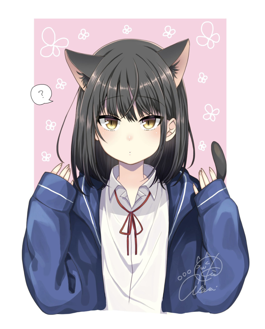 1girl, ?, animal_ears, black_hair, blue_jacket, border, cat_ears, cat_girl