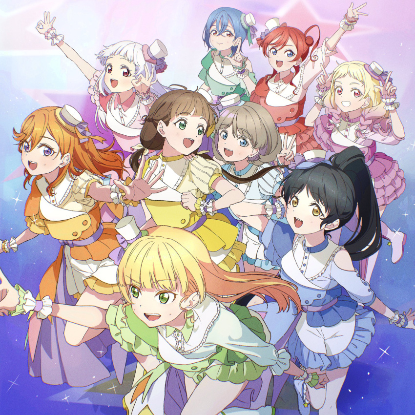 6+girls, arashi_chisato, asymmetrical_dress, ban_(one_ban7241), black_hair, blonde_hair, blue_eyes, blue_hair, boots, brown_hair, closed_mouth, commentary, frilled_sleeves, frills, gradient_hair, green_eyes, grey_hair, hair_down, hat, hazuki_ren, heanna_sumire, highres, horns_pose, long_hair, long_sleeves, looking_at_another, looking_at_viewer, love_live!, love_live!_superstar!!, medium_hair, mini_hat, mirai_no_oto_ga_kikoeru, multicolored_hair, multiple_girls, ok_sign, onitsuka_natsumi, open_mouth, orange_eyes, orange_hair, pink_hair, red_eyes, redhead, sakurakoji_kinako, shibuya_kanon, short_hair, short_sleeves, smile, star_(symbol), tang_keke, twintails, violet_eyes, wakana_shiki, white_hair, white_hat, wrist_cuffs, yoneme_mei