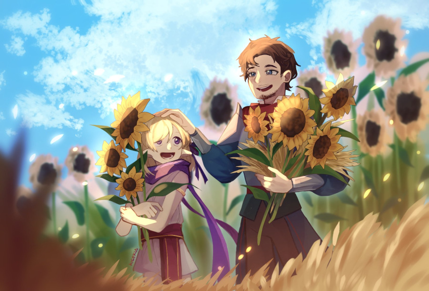 2boys, animification, beard, blonde_hair, blue_eyes, brown_hair, child, clouds, empires_smp, facial_hair, field, flower, hand_on_another's_head, hermes_(empires_smp), highres, holding, holding_flower, kisekiii_25, male_focus, minecraft_youtube, multiple_boys, mythicalsausage, mythicalsausage_(sanctuary), outdoors, personification, pointy_ears, purple_scarf, scarf, sky, smile, sunflower, violet_eyes