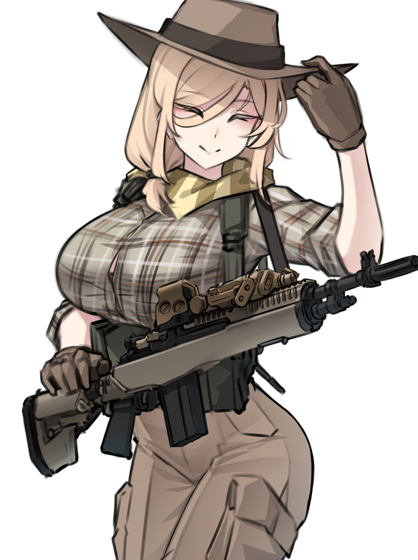 1girl, absurdres, blonde_hair, breasts, button_gap, closed_eyes, cowboy_shot, english_commentary, gloves, gun, gun_sling, hand_on_headwear, hat, hat_tip, highres, k0ng, large_breasts, m1a, merc-san_(k0ng), original, plaid_clothes, plaid_shirt, rifle, scarf, shirt, smile, solo, weapon