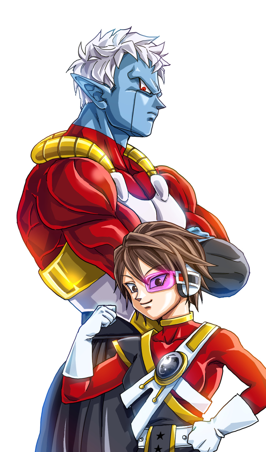 1boy, 1girl, blue_skin, brown_eyes, brown_hair, clenched_hand, colored_skin, commentary_request