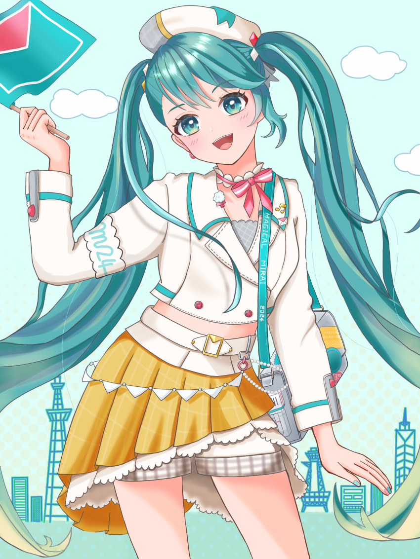 1girl, :d, absurdres, aqua_eyes, aqua_hair, aqua_nails, bag, belt