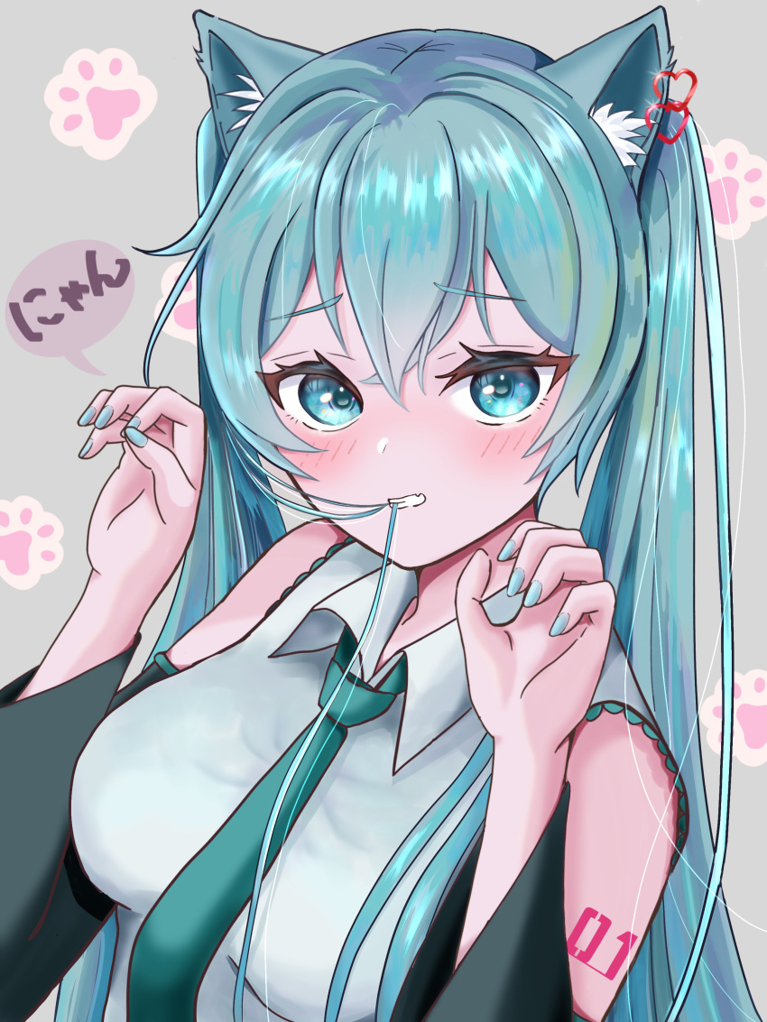 1girl, absurdres, animal_ears, aqua_eyes, aqua_hair, aqua_nails, aqua_necktie, blush