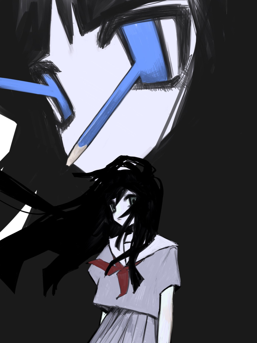 1girl, arms_at_sides, black_hair, blue_eyes, closed_mouth, colored_skin, cowboy_shot, empty_eyes