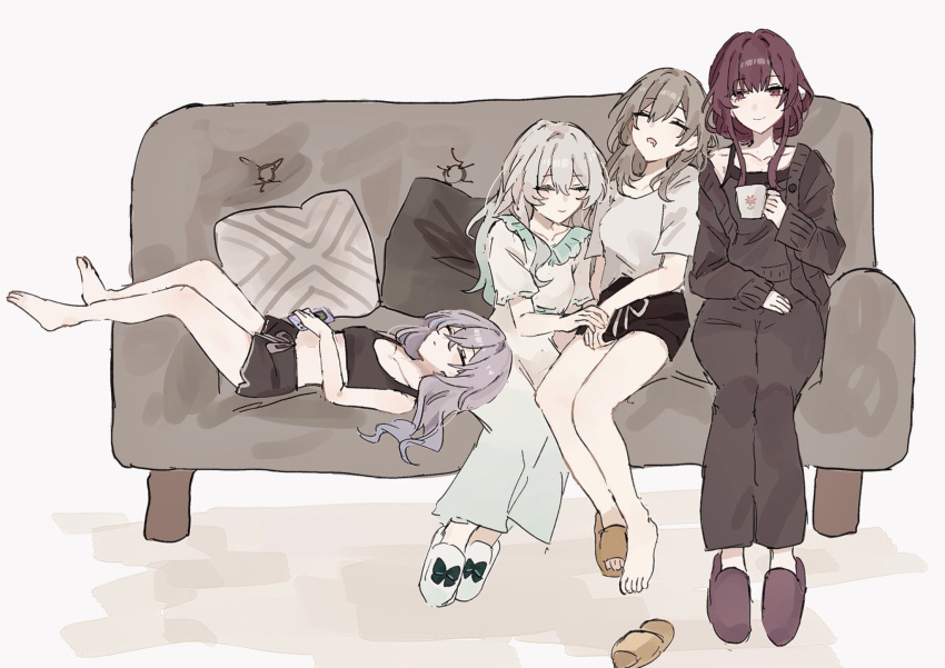 4girls, black_shorts, couch, crop_top, cup, firefly_(honkai:_star_rail), grey_hair, hair_between_eyes