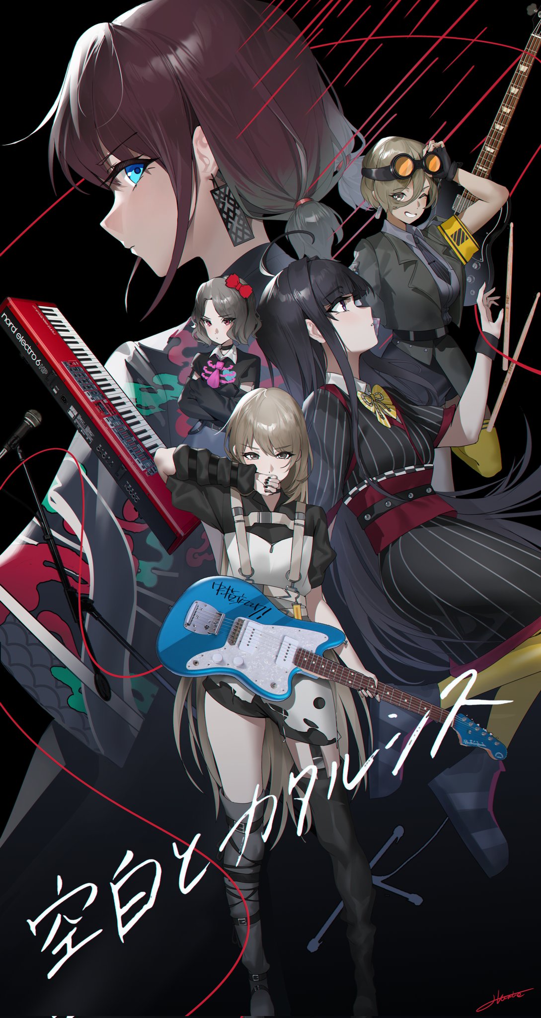 5girls, ahoge, arm_warmers, awa_subaru, bass_guitar, black_arm_warmers, black_background, black_bracelet, black_choker, black_footwear, black_hair, black_hairband, black_happi, black_kimono, black_nails, black_necktie, black_shirt, black_shorts, black_thighhighs, blue_eyes, blue_hair, blue_skirt, boots, bow, bowtie, breasts, brown_coat, brown_hair, choker, clenched_teeth, closed_mouth, coat, collared_shirt, colored_tips, commentary, corrupted_twitter_file, crossed_arms, dress_shirt, earrings, ebizuka_tomo, english_commentary, garter_straps, girls_band_cry, goggles, goggles_on_head, gradient_hair, grey_eyes, grey_hair, grey_shirt, haine_1871, hair_between_eyes, hair_bow, hairband, hand_up, highres, instrument, iseri_nina, japanese_clothes, jewelry, kawaragi_momoka, keyboard_(instrument), kimono, kuuhaku_to_catharsis, large_breasts, long_hair, long_hair_between_eyes, long_sleeves, looking_at_viewer, microphone_stand, multicolored_hair, multiple_girls, nail_polish, necktie, obi, one_eye_closed, open_clothes, open_coat, open_mouth, orange-tinted_eyewear, psychederhythm_psychomaster, red_bow, red_eyes, rupa_(girls_band_cry), sash, shirt, short_hair, short_sleeves, shorts, sidelocks, signature, single_arm_warmer, single_thigh_boot, single_thighhigh, skirt, song_name, string, string_of_fate, teeth, thigh-highs, thigh_boots, tinted_eyewear, togenashi_togeari, translated, violet_eyes, yellow_bow, yellow_bowtie