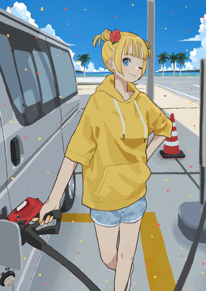 1girl, beach, black_footwear, blonde_hair, blue_eyes, blue_sky, closed_mouth, clouds