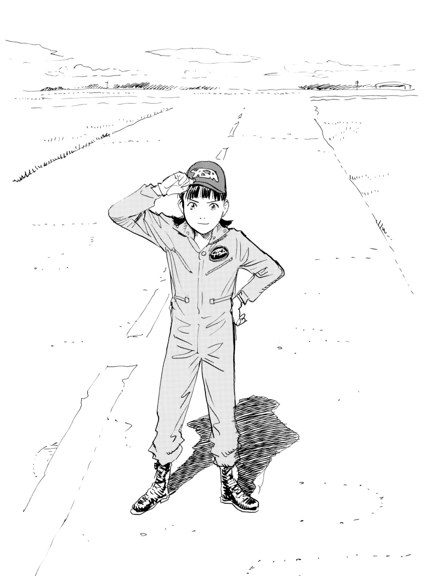 1girl, absurdres, airport, field, full_body, hangar, highres, nib_pen_(medium)