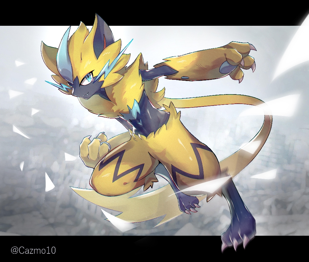 aqua_eyes, cazmo, claws, closed_mouth, commentary, fang, fang_out, full_body