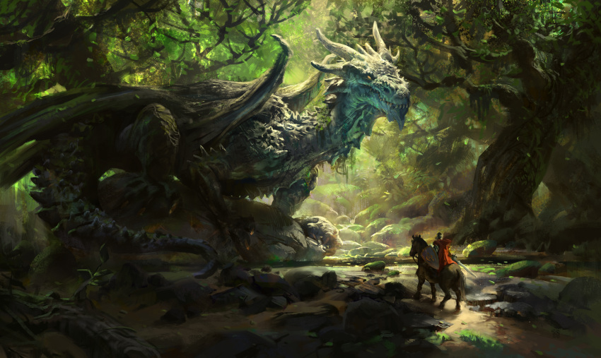 1other, ambiguous_gender, animal_focus, cape, commentary, day, dragon, english_commentary, fantasy, forest, full_body, giant, giant_monster, highres, horns, horse, horseback_riding, light_rays, mike_azevedo, monster, moss, nature, original, outdoors, red_cape, riding, rock, scales, scenery, sharp_teeth, shield, sunbeam, sunlight, tail, teeth, tree, western_dragon, wings, yellow_eyes