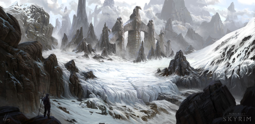 1other, absurdres, arch, clouds, commentary, copyright_name, day, dovahkiin, english_commentary, highres, landscape, michal_kus, mountainous_horizon, outdoors, pillar, rock, scenery, signature, snow, solo, standing, the_elder_scrolls, the_elder_scrolls_v:_skyrim, wide_shot