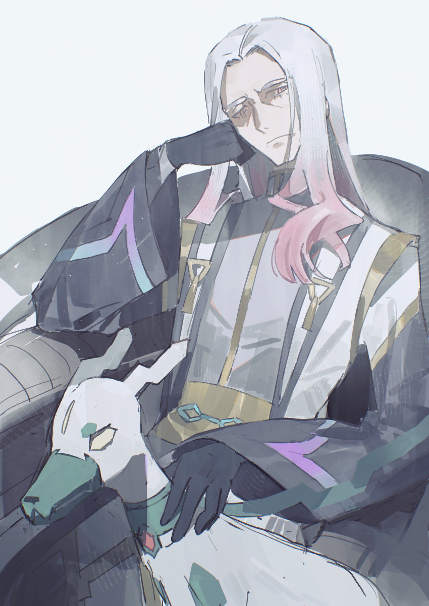 1boy, absurdres, alternate_color, armchair, black_gloves, chair, closed_mouth, commentary_request