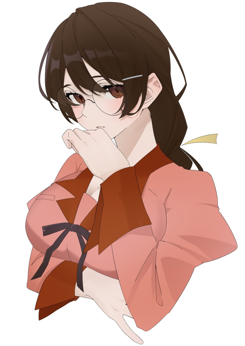 1girl, arril100, braid, braided_ponytail, breasts, brown_eyes, brown_hair, glasses, hair_ornament, hanekawa_tsubasa, highres, juliet_sleeves, kizumonogatari, large_breasts, long_hair, long_sleeves, looking_at_viewer, monogatari_(series), naoetsu_high_school_uniform, pink_shirt, puffy_sleeves, round_eyewear, school_uniform, shirt, simple_background, single_braid, solo, white_background, winter_uniform