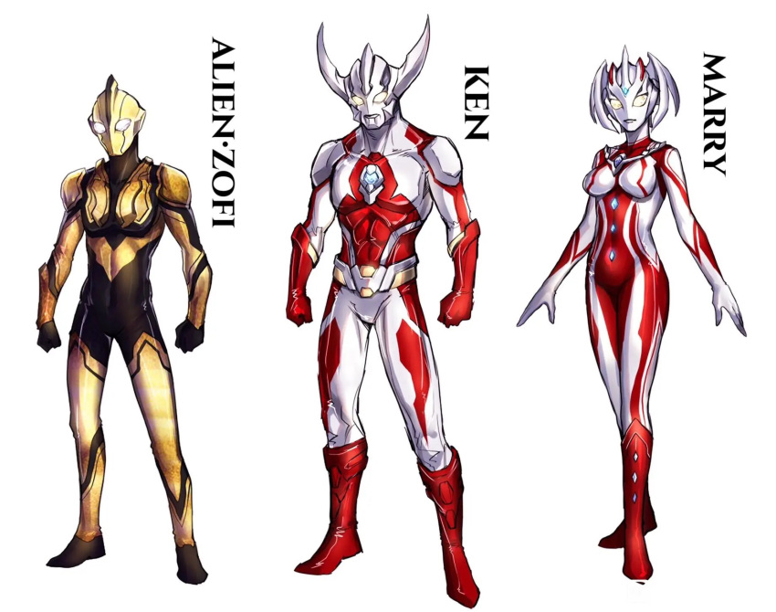 1girl, 2boys, alien, black_bodysuit, bodysuit, breasts, clenched_hands, color_timer