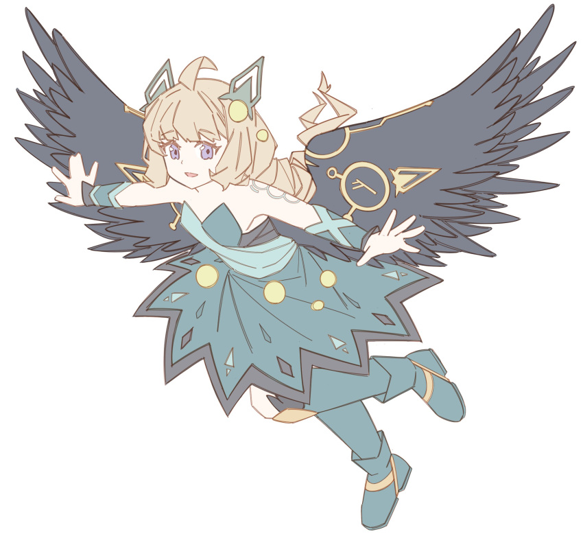 ahoge, black_wings, blonde_hair, braid, braided_ponytail, dress, duel_monster, fairy, feathered_wings, flat_chest, full_body, green_dress, green_footwear, highres, hugin_the_runick_wings, kaeru_(mochikaeru), long_hair, runes, shoulder_tattoo, sleeveless, sleeveless_dress, smile, tattoo, very_long_hair, violet_eyes, white_background, wings, yu-gi-oh!