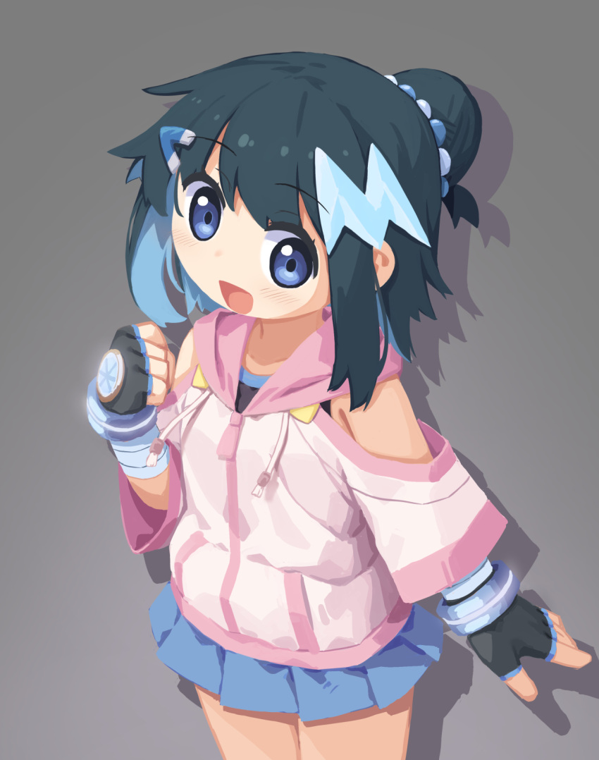 1girl, :d, black_gloves, black_hair, blue_eyes, blue_hair, borrowed_character, colored_inner_hair