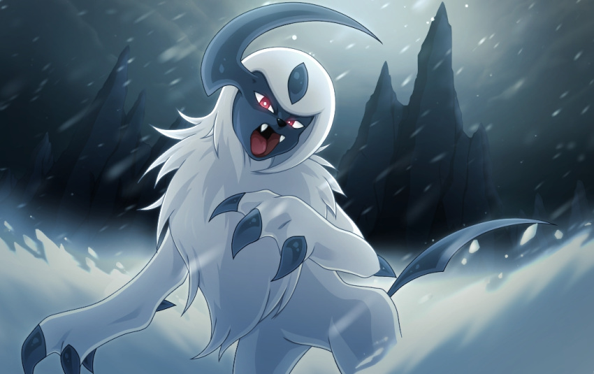 absol, black_bear_(user_pmvh8825), bright_pupils, claws, commentary_request, fangs, night, no_humans, open_mouth, outdoors, pokemon, pokemon_(creature), red_eyes, snow, snowing, solo, tongue, white_fur, white_pupils