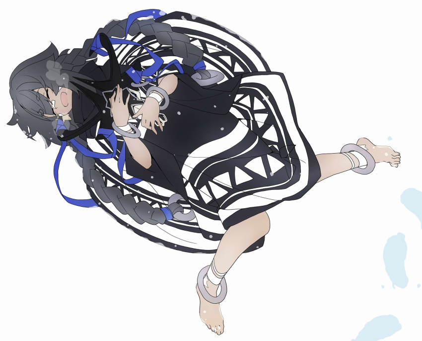 1girl, aged_down, anklet, barefoot, black_dress, black_hair, bracelet, closed_eyes
