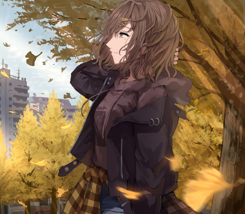 1girl, absurdres, arm_behind_head, autumn, black_jacket, building, checkered_clothes, clothes_around_waist