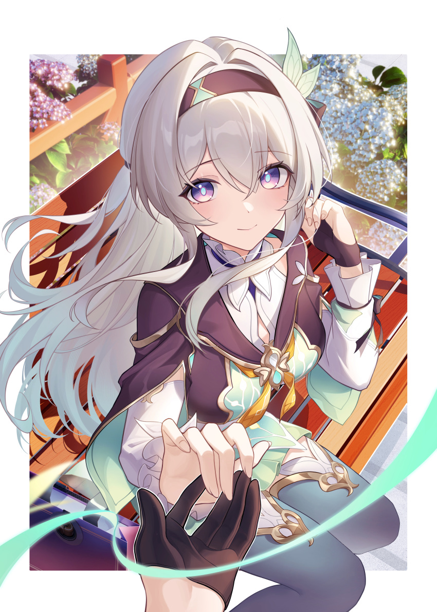 2girls, absurdres, black_hairband, black_jacket, feet_out_of_frame, firefly_(honkai:_star_rail), grey_hair, hairband