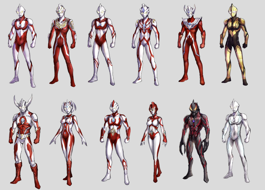 2girls, 6+boys, absurdres, alien, black_bodysuit, bodysuit, color_timer, dai-kaijuu_battle_ultra_ginga_densetsu_the_movie