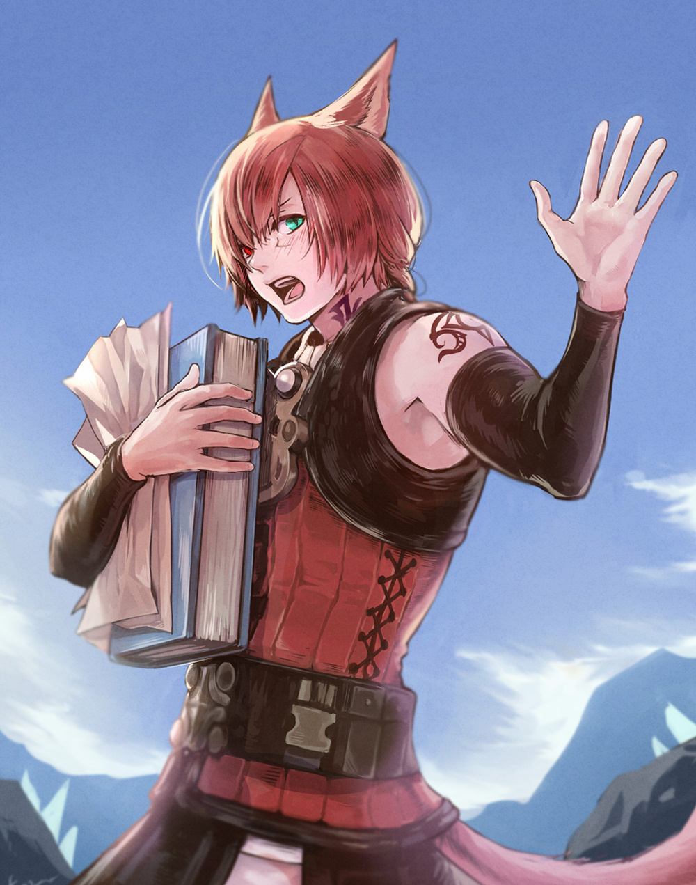 1boy, aged_down, animal_ears, archon_mark, arm_tattoo, belt, blue_sky, book, cat_boy, cat_ears, cat_tail, cowboy_shot, day, detached_sleeves, facial_mark, final_fantasy, final_fantasy_xiv, from_side, g'raha_tia, green_eyes, heterochromia, highres, holding, holding_book, holding_paper, jacket, kazunokabeff, light_blush, looking_at_viewer, male_focus, mountainous_horizon, neck_tattoo, open_mouth, outdoors, paper, red_eyes, red_jacket, redhead, short_hair, sky, slit_pupils, solo, standing, tail, tattoo