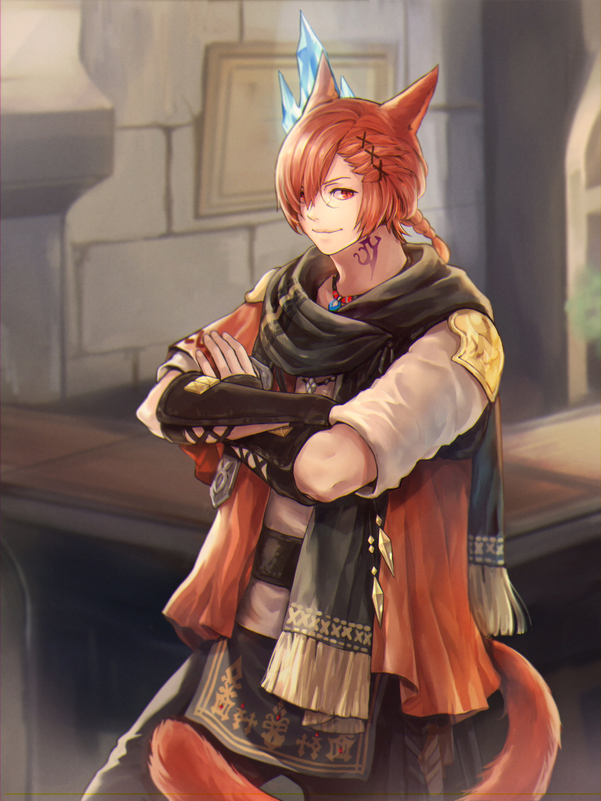 1boy, absurdres, animal_ears, archon_mark, black_pants, black_scarf, bracer, braid, cat_boy, cat_ears, cat_tail, cowboy_shot, crossed_arms, facial_mark, final_fantasy, final_fantasy_xiv, fringe_trim, g'raha_tia, hair_ornament, highres, jacket, jewelry, kazunokabeff, looking_at_viewer, male_focus, miqo'te, neck_tattoo, pants, pendant, red_eyes, red_jacket, redhead, scarf, shirt, short_hair, single_braid, slit_pupils, smile, solo, standing, stone_wall, swept_bangs, tail, tattoo, weapon, weapon_on_back, white_shirt, x_hair_ornament