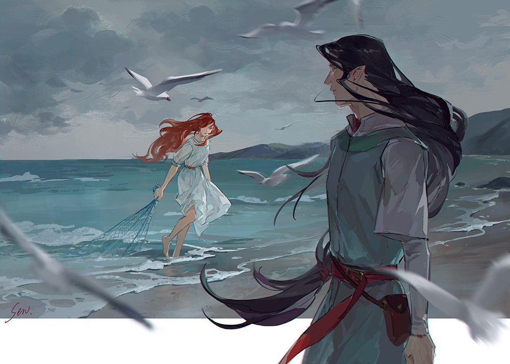 1boy, 1girl, barefoot, beach, belt, bird, black_hair, chinese_commentary, clouds, cloudy_sky, commentary_request, day, dress, elf, feanor, fishing_net, green_eyes, grey_sky, holding_net, horizon, long_hair, low-tied_long_hair, nerdanel, ocean, outdoors, pointy_ears, pouch, redhead, sankusa, seagull, shore, signature, sky, standing, the_silmarillion, tolkien's_legendarium, water, white_dress