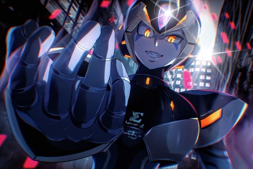 1boy, android, armor, black_armor, black_helmet, blurry, blurry_background, cang_she