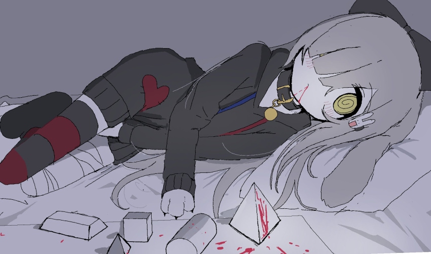 1girl, @_@, animal_collar, animal_ears, animal_hands, bandaged_leg, bandages, blood, blunt_bangs, collar, floppy_ears, grey_hair, hair_ornament, hair_over_one_eye, highres, hood, hoodie, long_hair, original, oyasu_miyo_(vreparty), rabbit_ears, rabbit_hair_ornament, single_thighhigh, thigh-highs, vreparty, yellow_eyes