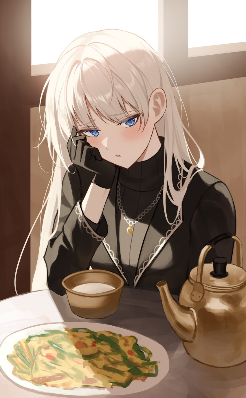 1girl, absurdres, angelica_(project_moon), black_gloves, black_jacket, black_sweater, blue_eyes, eonyan_(chaeyang)