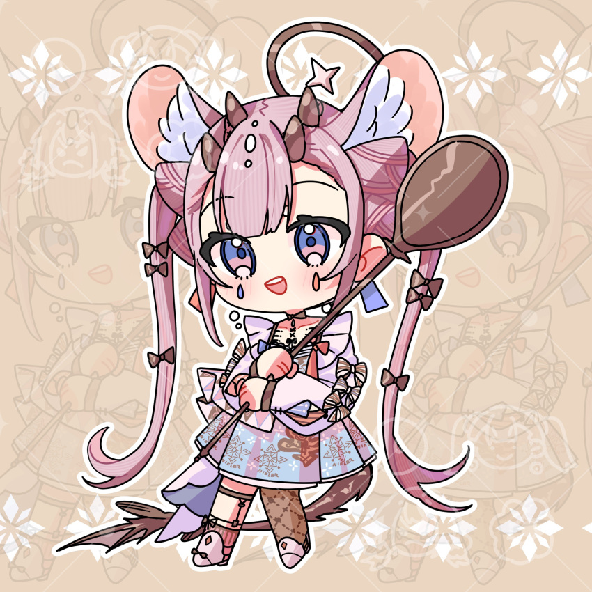 1girl, :d, animal_ears, asymmetrical_legwear, brown_pantyhose, brown_socks, brown_tail, chibi, dress, full_body, highres, holding, holding_spoon, horns, huge_spoon, light_brown_background, long_hair, long_sleeves, looking_at_viewer, original, pantyhose, pink_dress, pink_footwear, pink_hair, sanjuqing'an, single_leg_pantyhose, smile, socks, solo, spoon, standing, teardrop_facial_mark, twintails, violet_eyes, zoom_layer