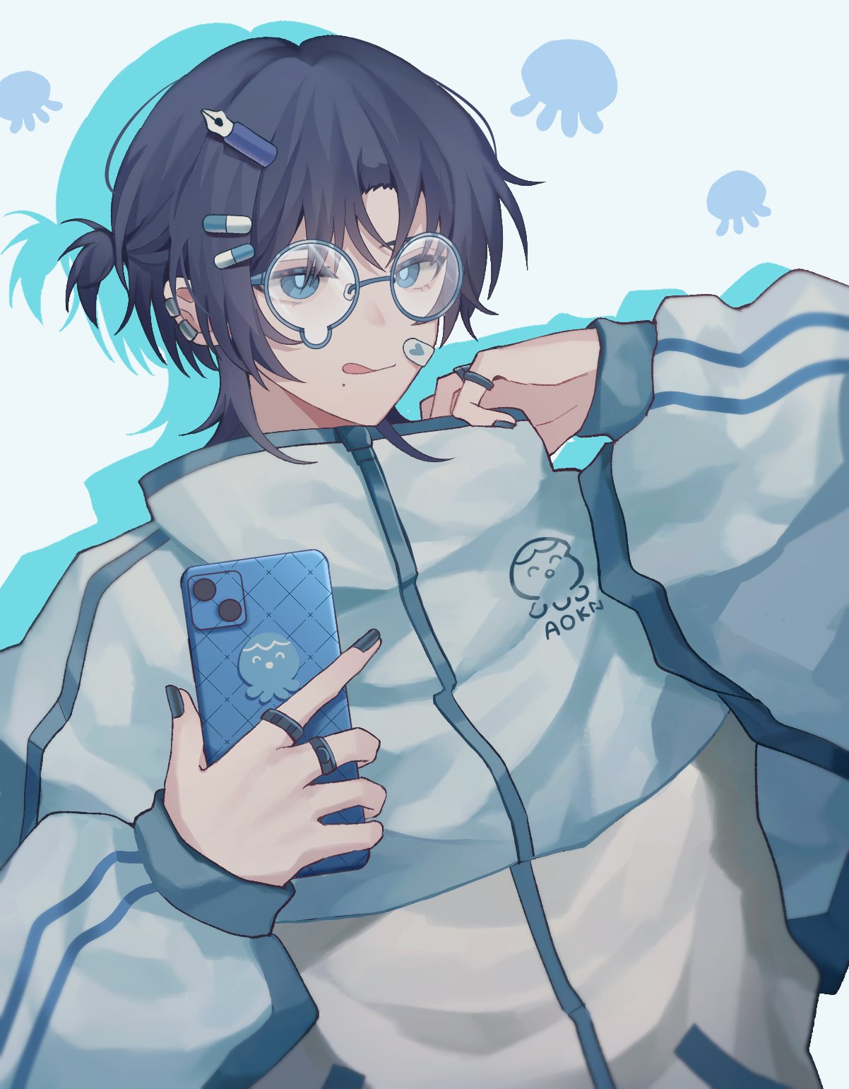 1girl, bandaid, bandaid_on_face, black_hair, black_nails, blue_eyes, earclip, glasses