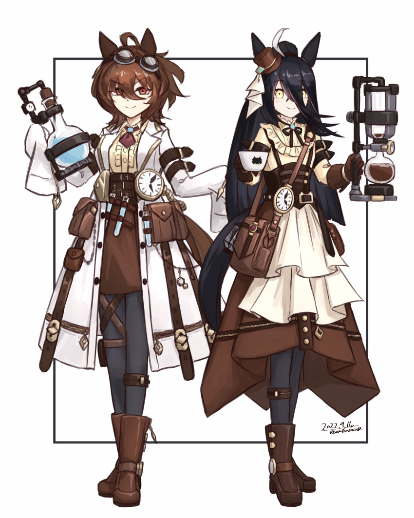 2girls, absurdres, agnes_tachyon_(umamusume), ahoge, animal_ears, ascot, bag, black_hair