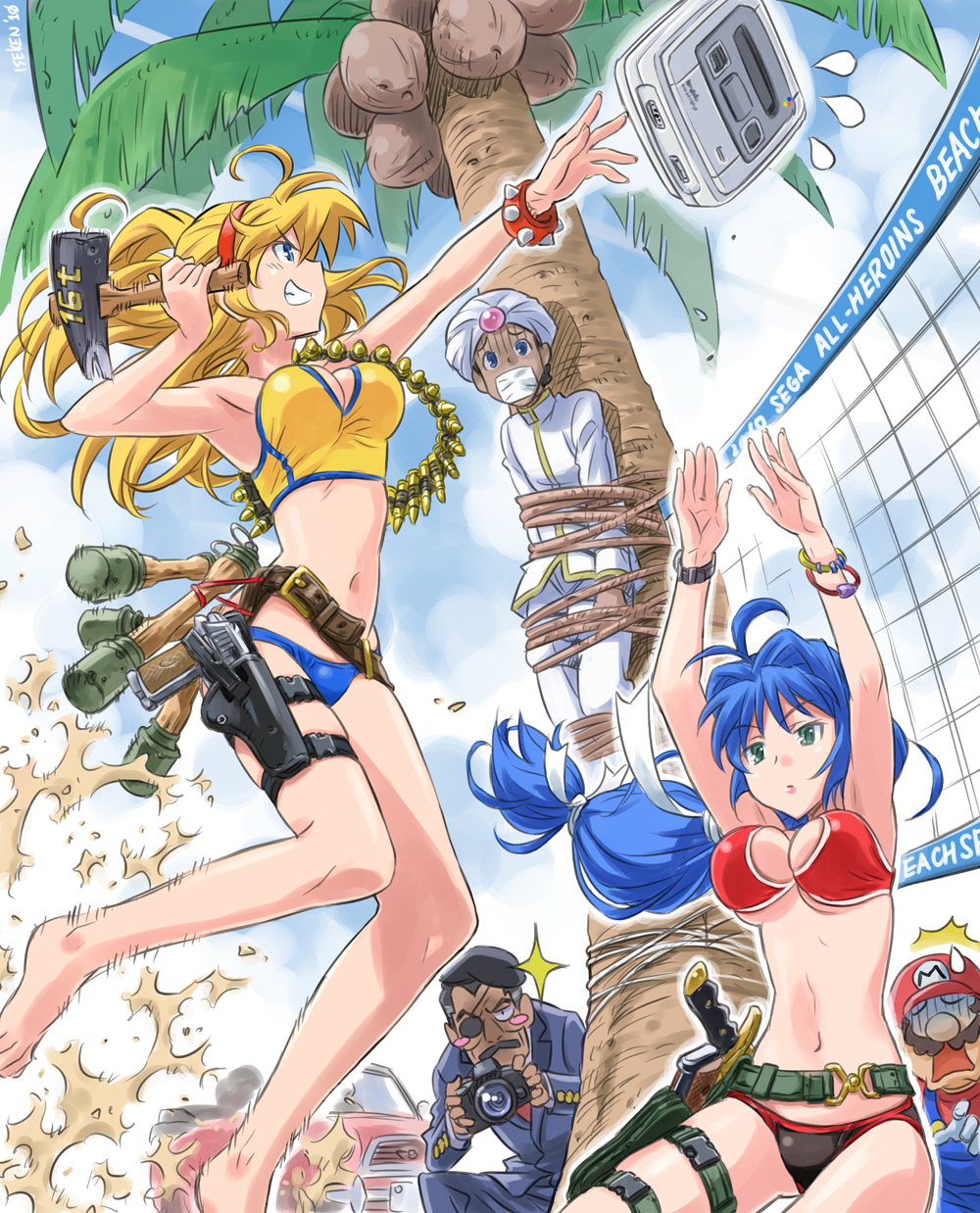 bandolier, barefoot, belt, bikini, blonde_hair, blue_eyes, blue_hair, blush_stickers, bracelet, breasts, camera, cartridge, character_request, cleavage, coconut, coconut_tree, crossover, crystal_(trouble_shooter), explosive, eyepatch, facial_hair, green_eyes, grenade, grin, gun, hammer, handgun, highres, holster, isedaichi_ken, jewelry, large_breasts, legs, long_hair, madison_(trouble_shooter), mario, mustache, nintendo, palm_tree, sega, smile, spiked_bracelet, spikes, super_famicom, super_mario_bros., sweatdrop, swimsuit, thigh_holster, tied_up, tree, trouble_shooter, turban, volleyball_net, weapon