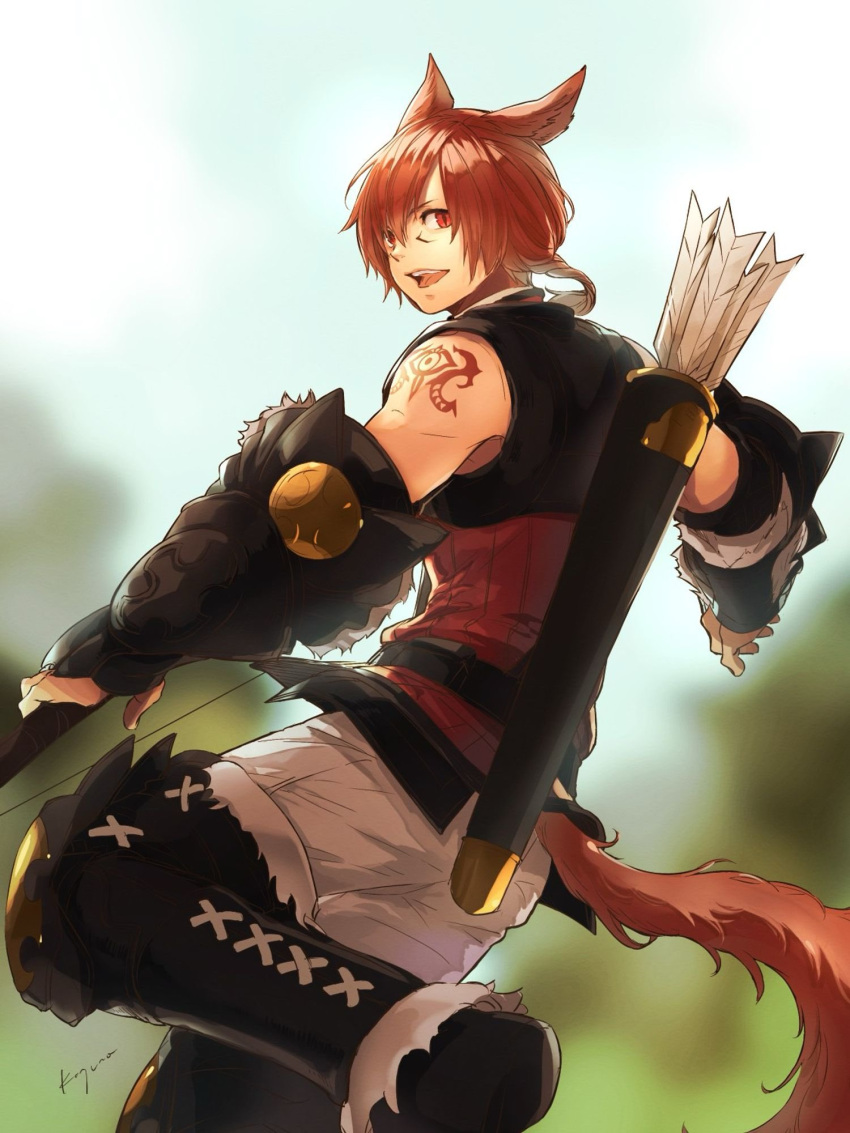 1boy, animal_ears, arm_tattoo, belt, black_footwear, blurry, blurry_background, boots
