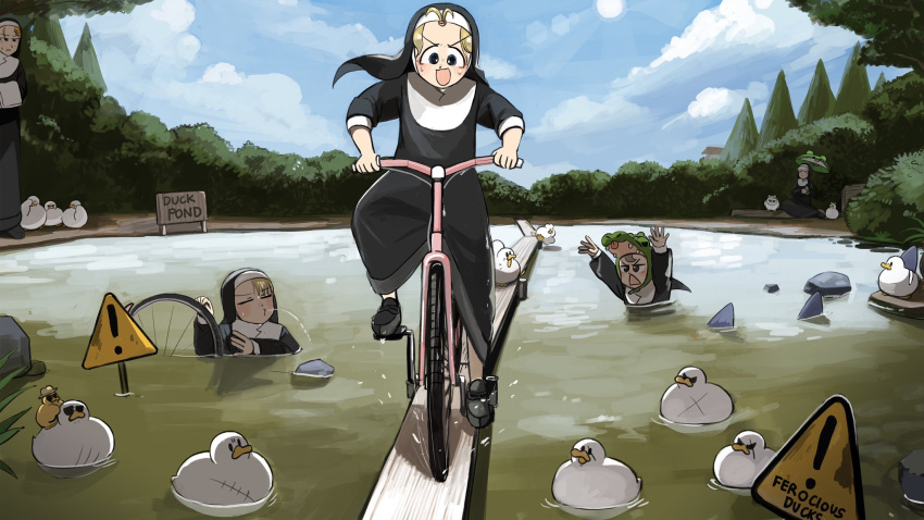 5girls, bicycle, bird, blonde_hair, blue_eyes, brown_hair, bush, chicken