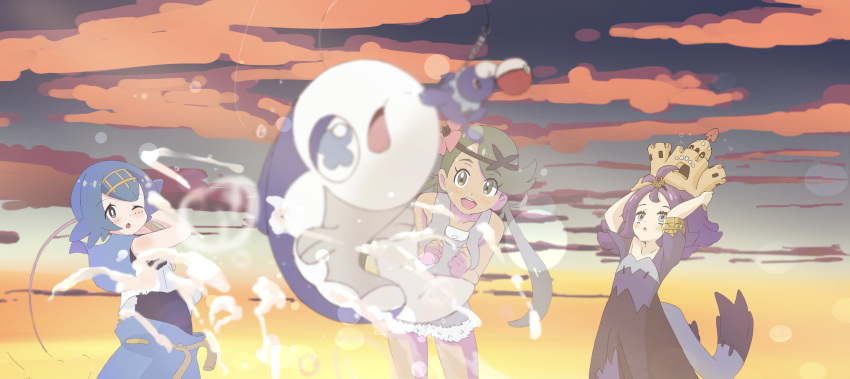 3girls, :d, ;o, absurdres, acerola_(pokemon), armlet, arms_up, blue_hair