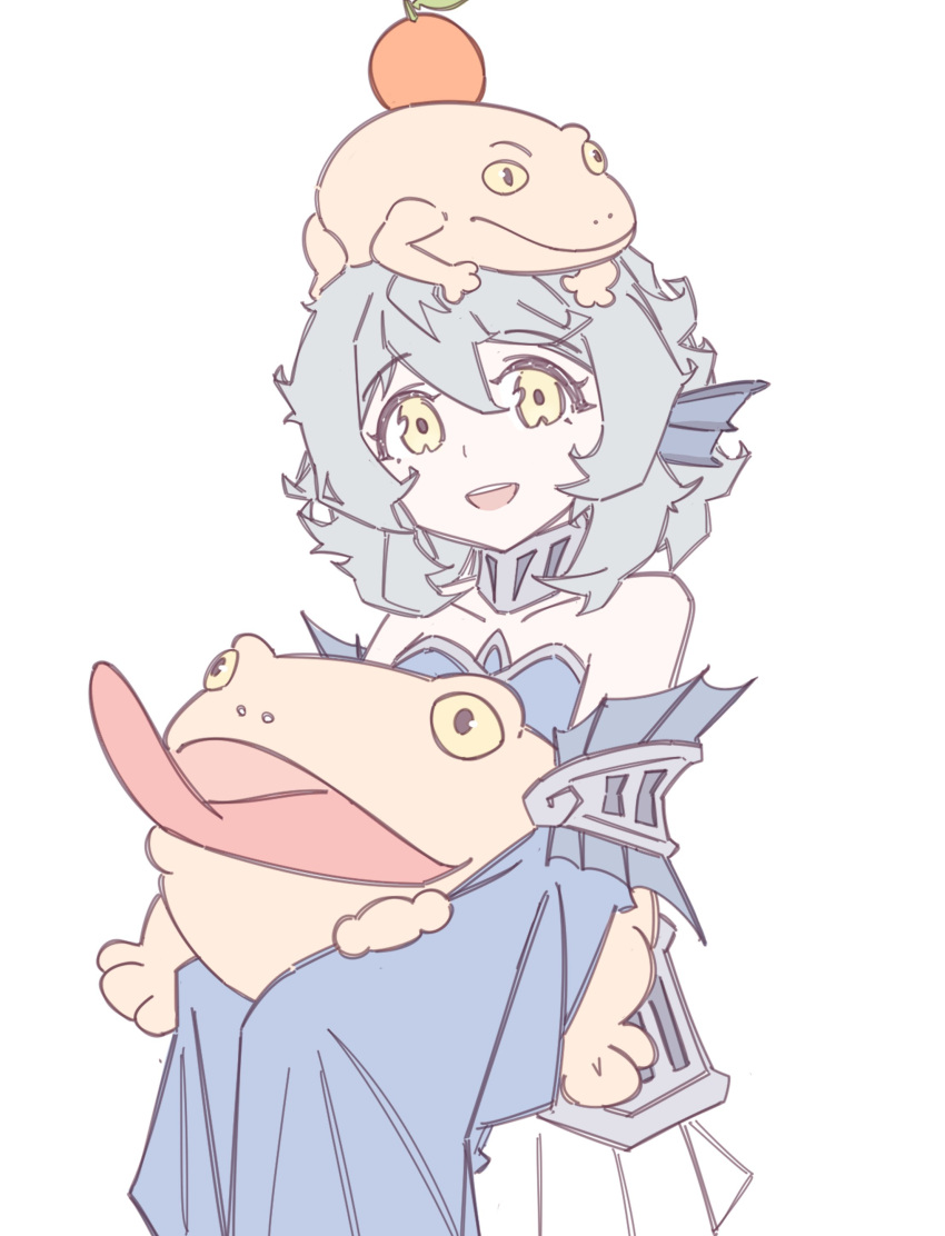 1girl, absurdres, animal, blonde_hair, blue_dress, collar, detached_sleeves, dress