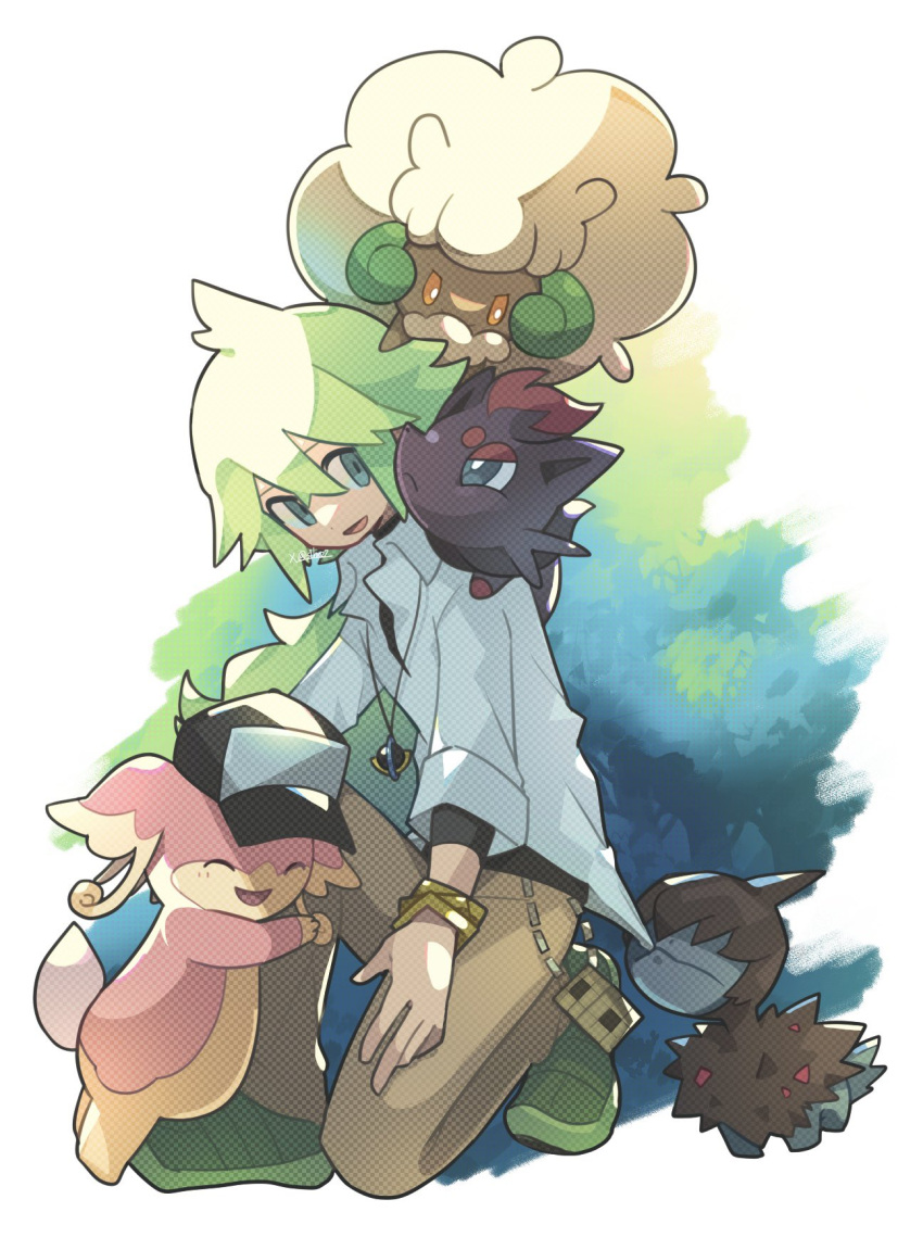 1boy, animal_ears, audino, baseball_cap, black_fur, black_hat, black_shirt, blue_eyes