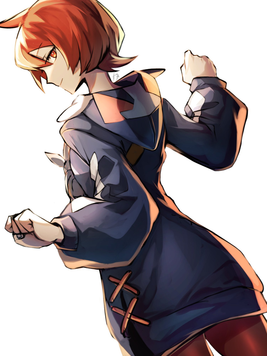 1girl, arezu_(pokemon), blue_hoodie, clenched_hands, closed_mouth, cowlick, diamond_clan_outfit, from_behind