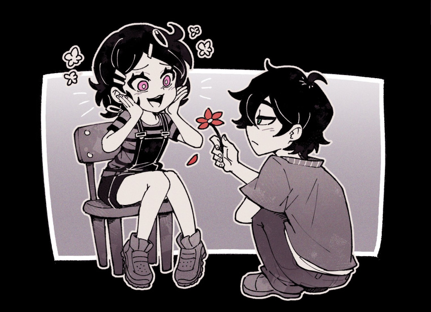 1boy, 1girl, andrew_graves, ashley_graves, black_hair, flower, giving_flower, green_eyes