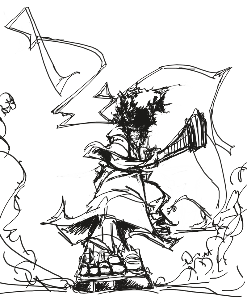 afro_samurai, afro_samurai_(character), highres, katana, raikenji1989, sketch, sword, weapon