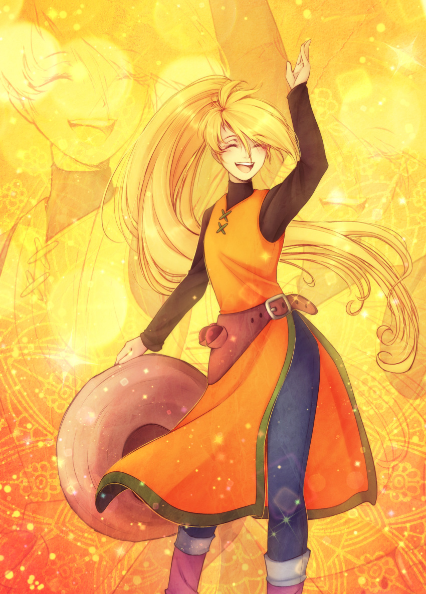 1girl, :d, absurdres, arm_up, belt, blonde_hair, brown_belt, closed_eyes, commentary, eyelashes, happy, hat, highres, holding, holding_clothes, holding_hat, long_hair, long_sleeves, megumon109, open_mouth, pants, pokemon, pokemon_adventures, shirt, smile, solo, teeth, upper_teeth_only, very_long_hair, yellow_(pokemon), zoom_layer