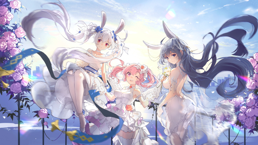 3girls, absurdres, animal_ears, azur_lane, bare_shoulders, blue_hair, blue_ribbon, bridal_veil
