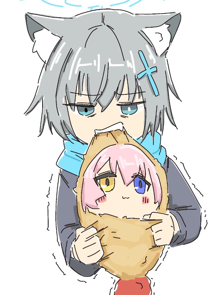 2girls, :3, animal_ear_fluff, animal_ears, bagaponchi, biting, blue_archive, blue_eyes, blue_halo, blue_scarf, blush, food, fried_hoshino_(meme), halo, heterochromia, hoshino_(blue_archive), meme, multiple_girls, pink_hair, scarf, shiroko_(blue_archive), shiroko_(young)_(blue_archive), shrimp, shrimp_tempura, tempura, white_background, wolf_ears, wolf_girl
