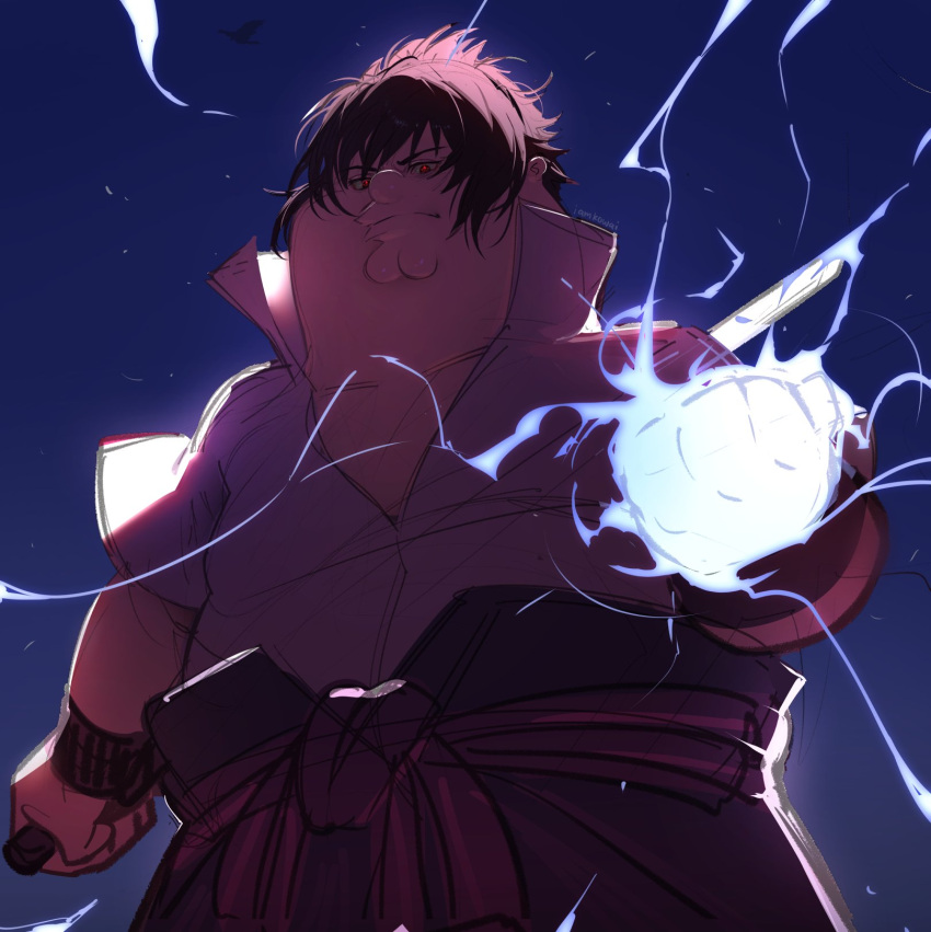 1boy, bird, black_hair, chidori_(naruto), cleft_chin, clenched_hand, closed_mouth, cosplay, crow, electricity, electrokinesis, family_guy, fat, fat_man, grey_shirt, highres, holding, holding_sword, holding_weapon, katana, kowai_(iamkowai), looking_at_viewer, male_focus, naruto, naruto_(series), naruto_shippuuden, pants, peter_griffin, purple_pants, rope, sharingan, shirt, solo, sword, uchiha_sasuke, uchiha_sasuke_(cosplay), weapon