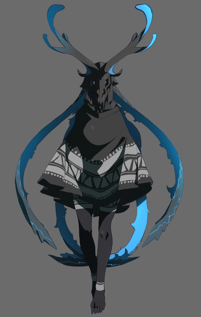1girl, absurdres, antlers, black_bodysuit, black_hair, blue_eyes, blue_hair, bodysuit